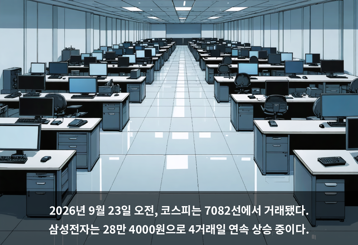 2026년 9월 23일 오전, 코스피는 7082선에서 거래됐다. 삼성전자는 28만 4000원으로 4거래일 연속 상승 중이다.