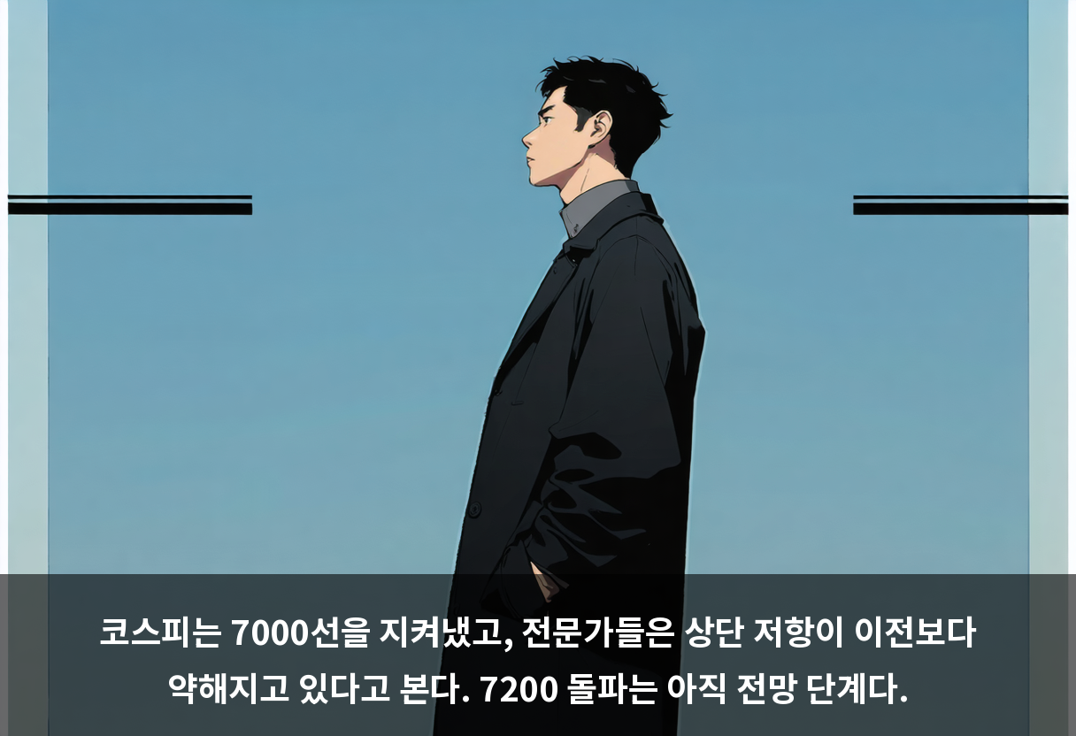 코스피는 7000선을 지켜냈고, 전문가들은 상단 저항이 이전보다 약해지고 있다고 본다. 7200 돌파는 아직 전망 단계다.