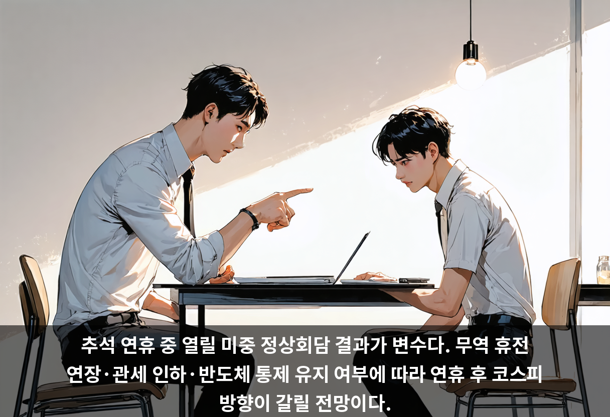 추석 연휴 중 열릴 미중 정상회담 결과가 변수다. 무역 휴전 연장·관세 인하·반도체 통제 유지 여부에 따라 연휴 후 코스피 방향이 갈릴 전망이다.