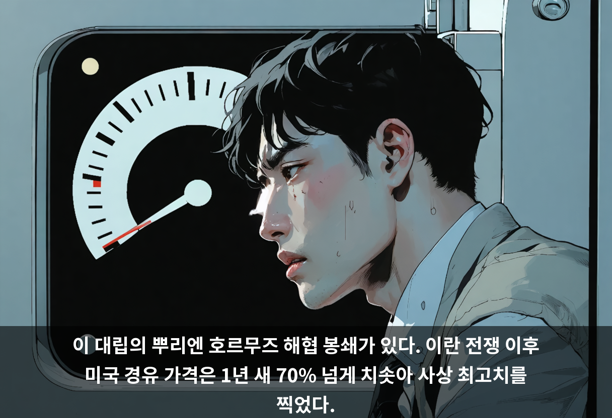 이 대립의 뿌리엔 호르무즈 해협 봉쇄가 있다. 이란 전쟁 이후 미국 경유 가격은 1년 새 70% 넘게 치솟아 사상 최고치를 찍었다.