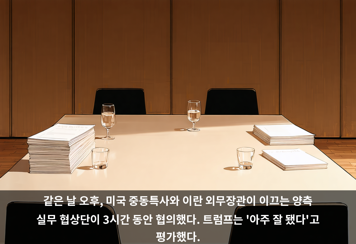 같은 날 오후, 미국 중동특사와 이란 외무장관이 이끄는 양측 실무 협상단이 3시간 동안 협의했다. 트럼프는 '아주 잘 됐다'고 평가했다.