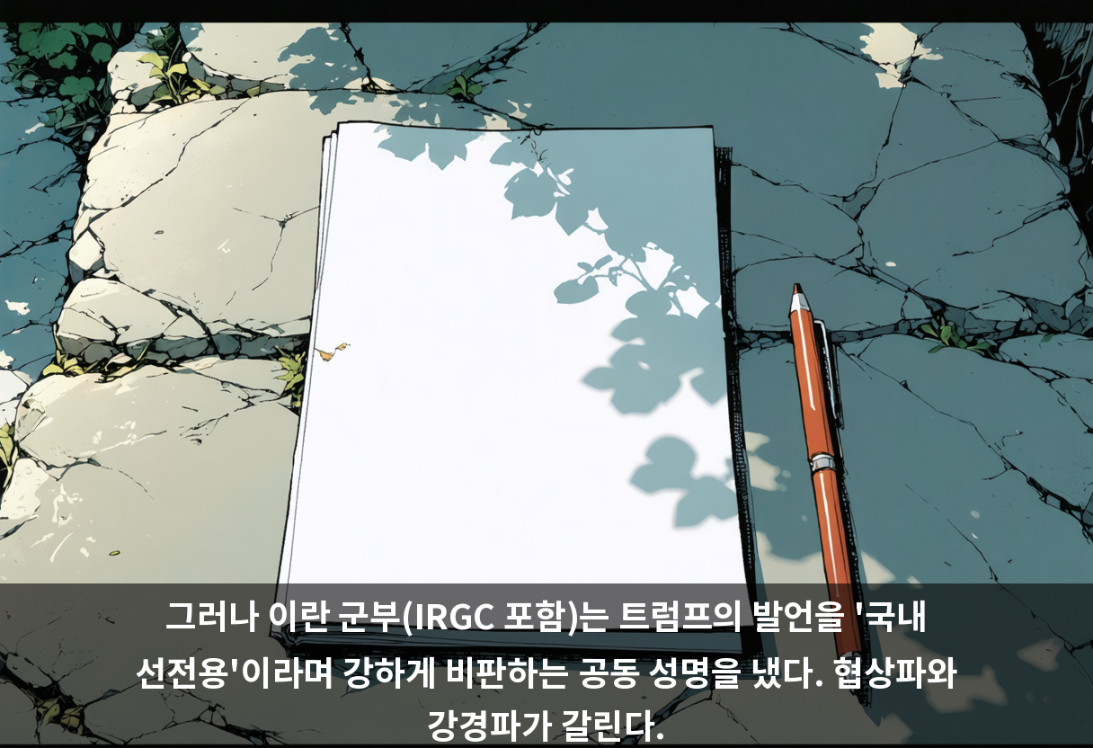 그러나 이란 군부(IRGC 포함)는 트럼프의 발언을 '국내 선전용'이라며 강하게 비판하는 공동 성명을 냈다. 협상파와 강경파가 갈린다.