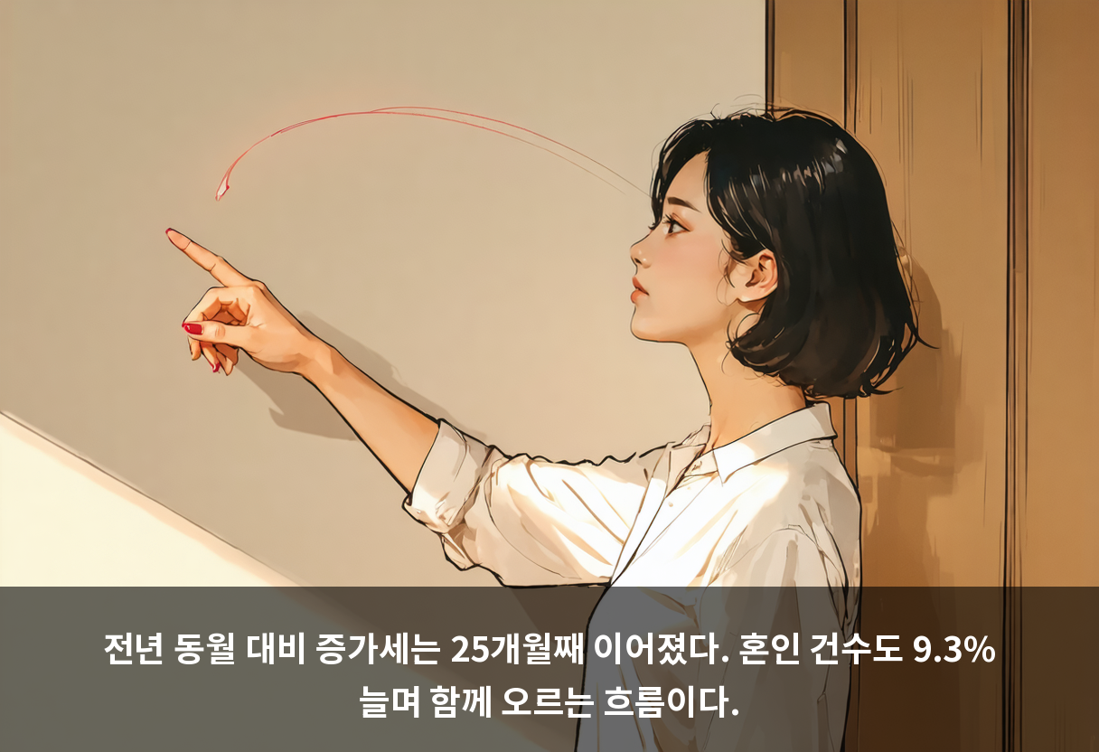 전년 동월 대비 증가세는 25개월째 이어졌다. 혼인 건수도 9.3% 늘며 함께 오르는 흐름이다.