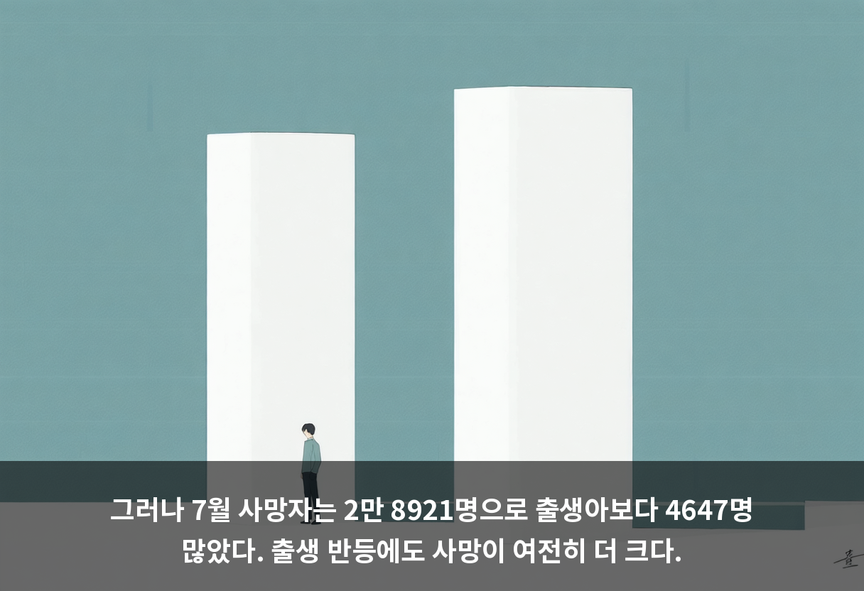 그러나 7월 사망자는 2만 8921명으로 출생아보다 4647명 많았다. 출생 반등에도 사망이 여전히 더 크다.