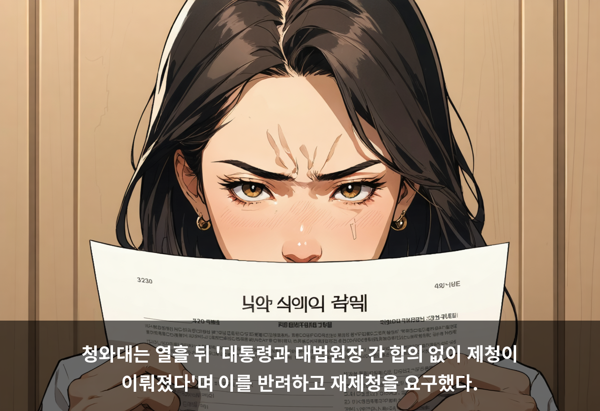 청와대는 열흘 뒤 '대통령과 대법원장 간 합의 없이 제청이 이뤄졌다'며 이를 반려하고 재제청을 요구했다.