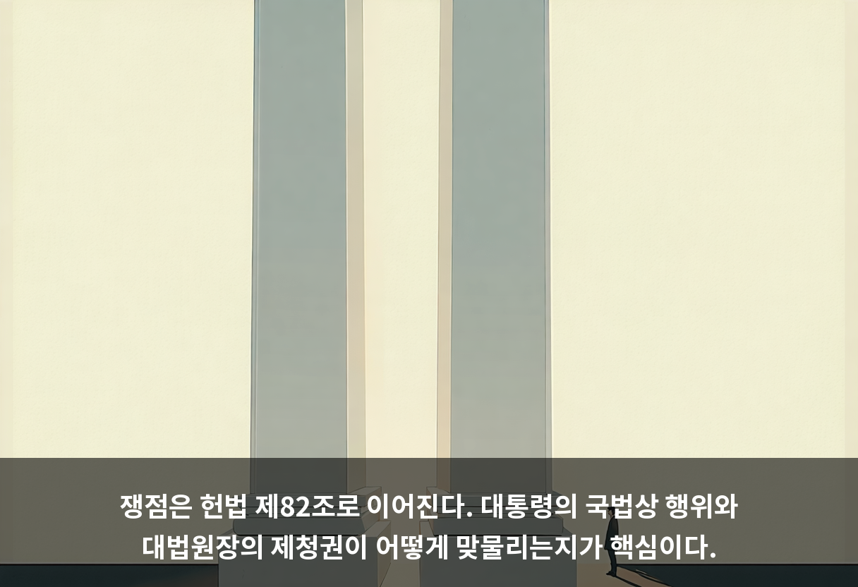 쟁점은 헌법 제82조로 이어진다. 대통령의 국법상 행위와 대법원장의 제청권이 어떻게 맞물리는지가 핵심이다.