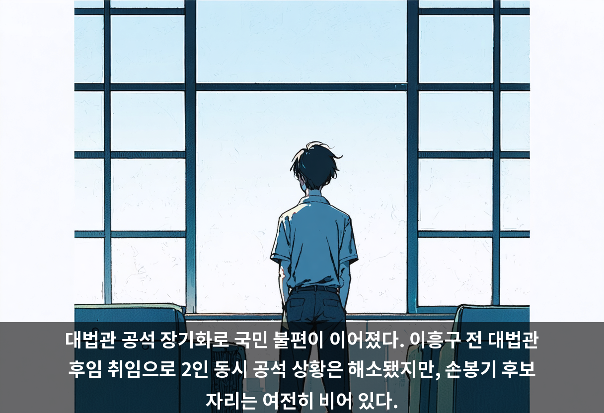대법관 공석 장기화로 국민 불편이 이어졌다. 이흥구 전 대법관 후임 취임으로 2인 동시 공석 상황은 해소됐지만, 손봉기 후보 자리는 여전히 비어 있다.