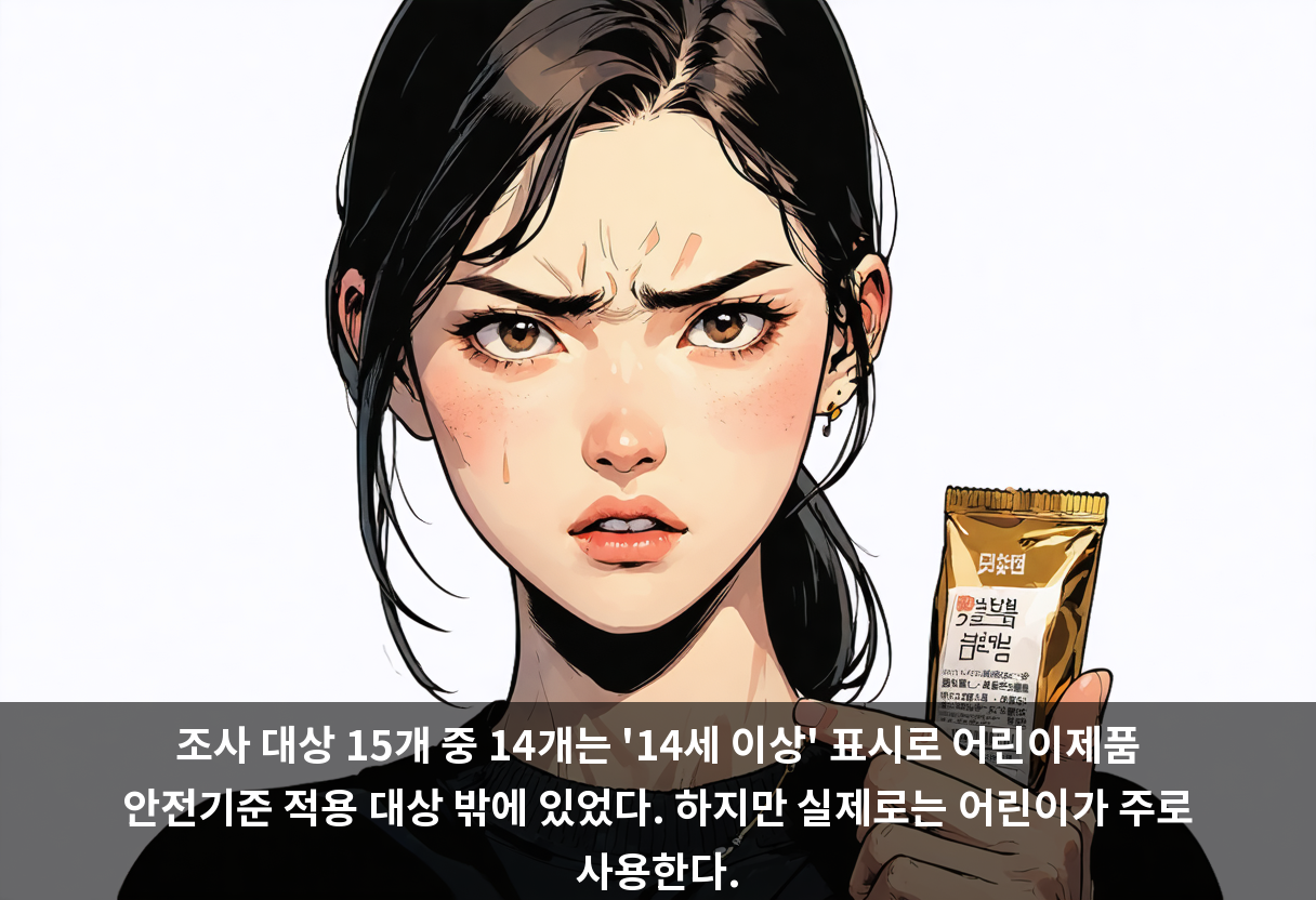 조사 대상 15개 중 14개는 '14세 이상' 표시로 어린이제품 안전기준 적용 대상 밖에 있었다. 하지만 실제로는 어린이가 주로 사용한다.