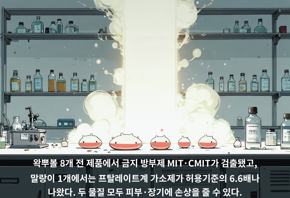 왁뿌볼 8개 전 제품에서 금지 방부제 MIT·CMIT가 검출됐고, 말랑이 1개에서는 프탈레이트계 가소제가 허용기준의 6.6배나 나왔다. 두 물질 모두 피부·장기에 손상을 줄 수 있다.