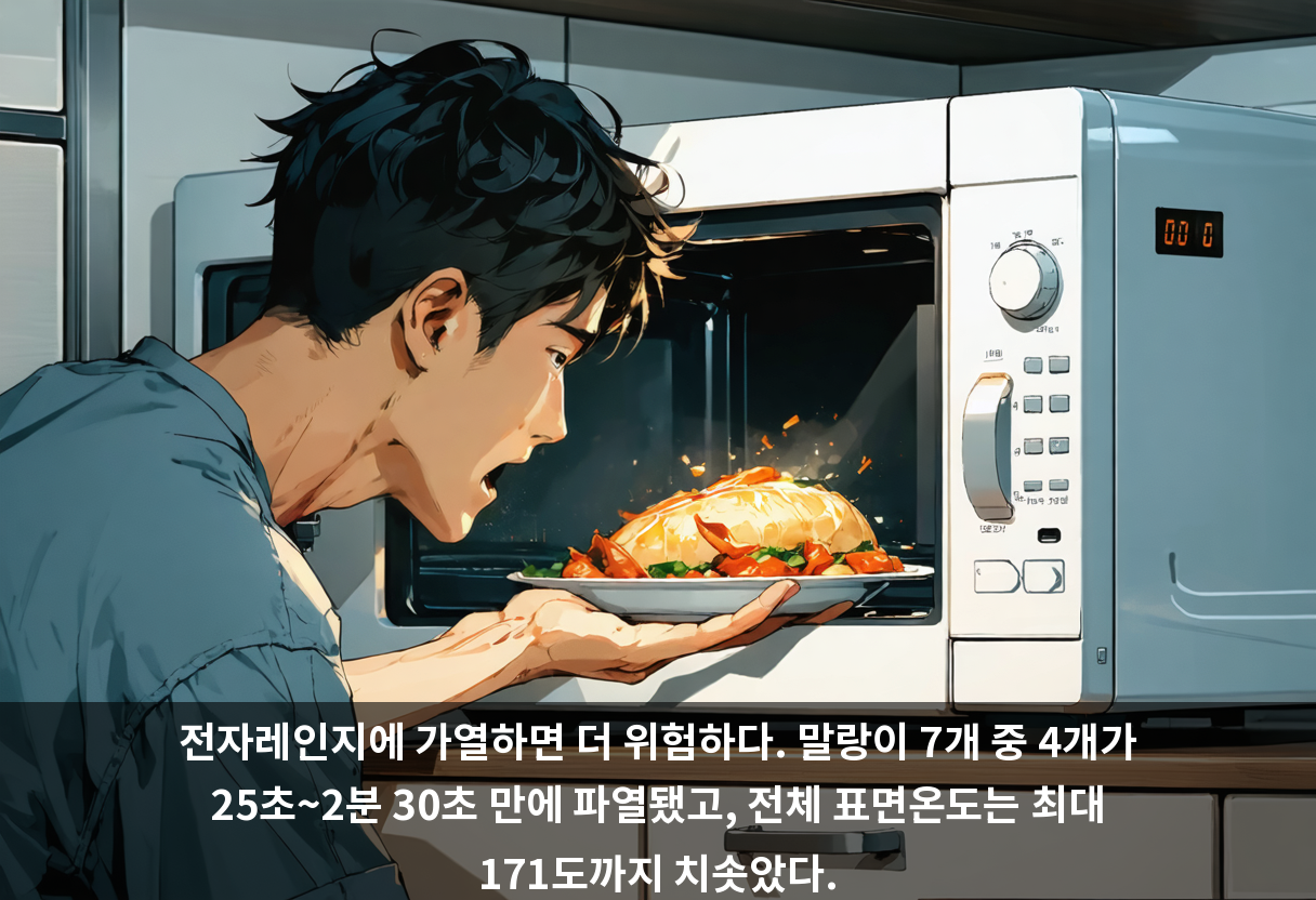 전자레인지에 가열하면 더 위험하다. 말랑이 7개 중 4개가 25초~2분 30초 만에 파열됐고, 전체 표면온도는 최대 171도까지 치솟았다.