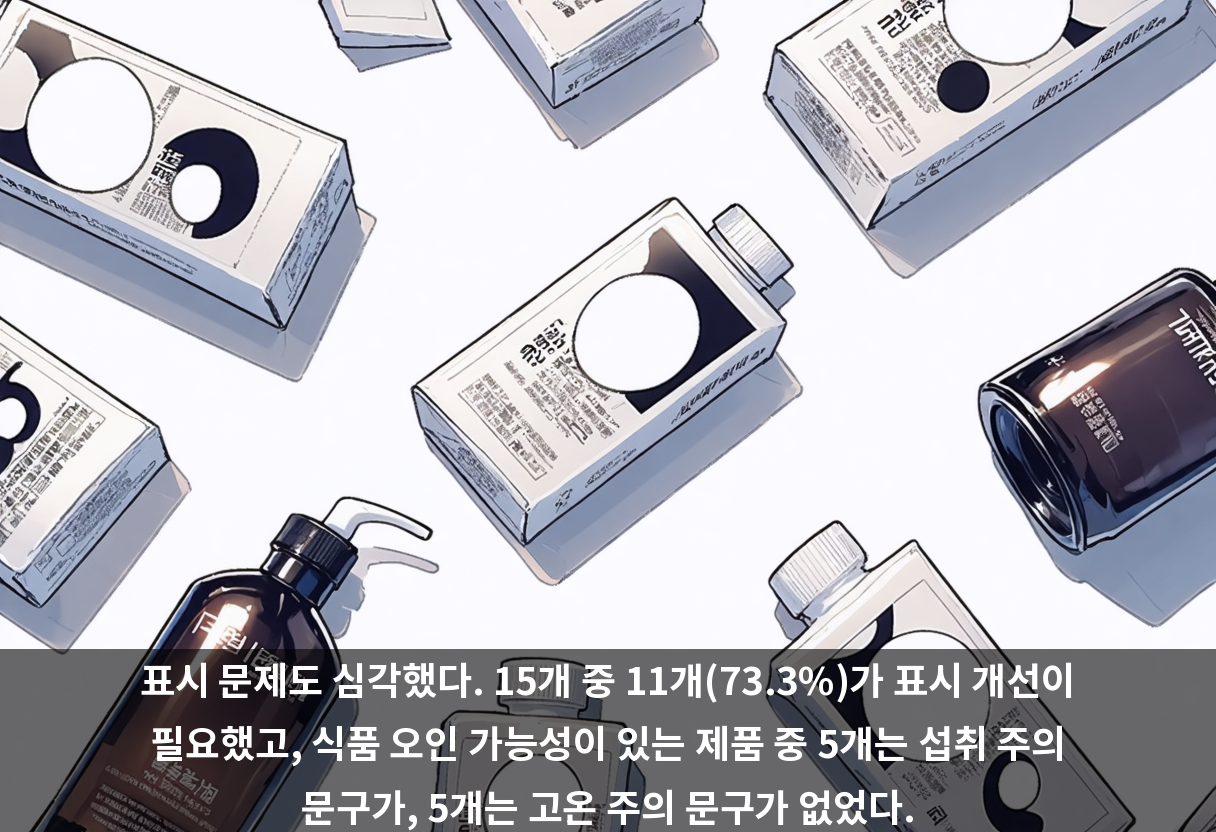 표시 문제도 심각했다. 15개 중 11개(73.3%)가 표시 개선이 필요했고, 식품 오인 가능성이 있는 제품 중 5개는 섭취 주의 문구가, 5개는 고온 주의 문구가 없었다.