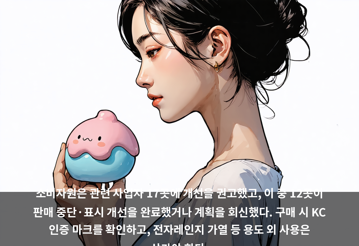 소비자원은 관련 사업자 17곳에 개선을 권고했고, 이 중 12곳이 판매 중단·표시 개선을 완료했거나 계획을 회신했다. 구매 시 KC 인증 마크를 확인하고, 전자레인지 가열 등 용도 외 사용은 삼가야 한다.