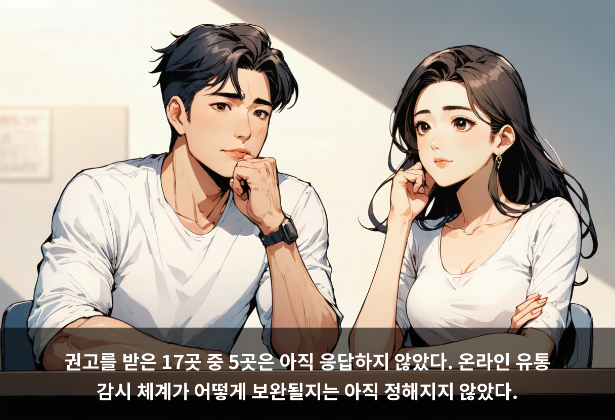 권고를 받은 17곳 중 5곳은 아직 응답하지 않았다. 온라인 유통 감시 체계가 어떻게 보완될지는 아직 정해지지 않았다.