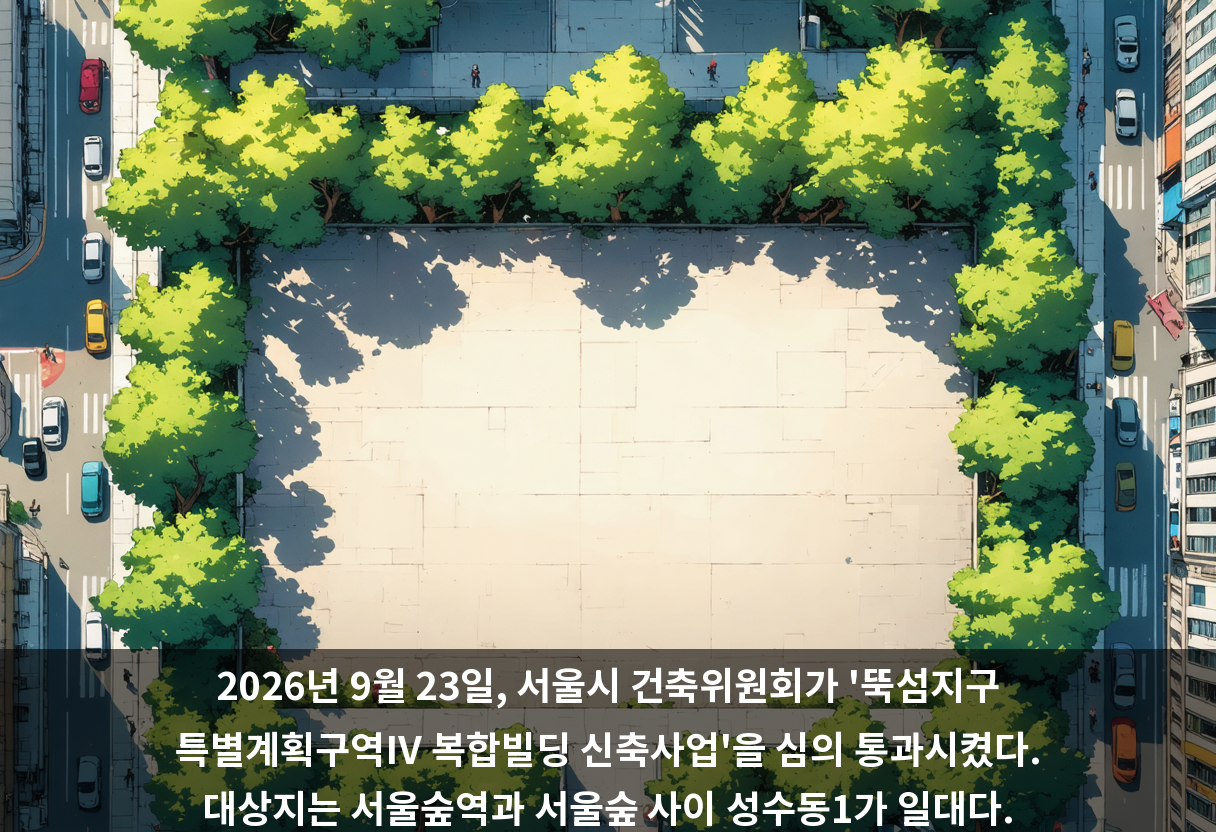 2026년 9월 23일, 서울시 건축위원회가 '뚝섬지구 특별계획구역Ⅳ 복합빌딩 신축사업'을 심의 통과시켰다. 대상지는 서울숲역과 서울숲 사이 성수동1가 일대다.