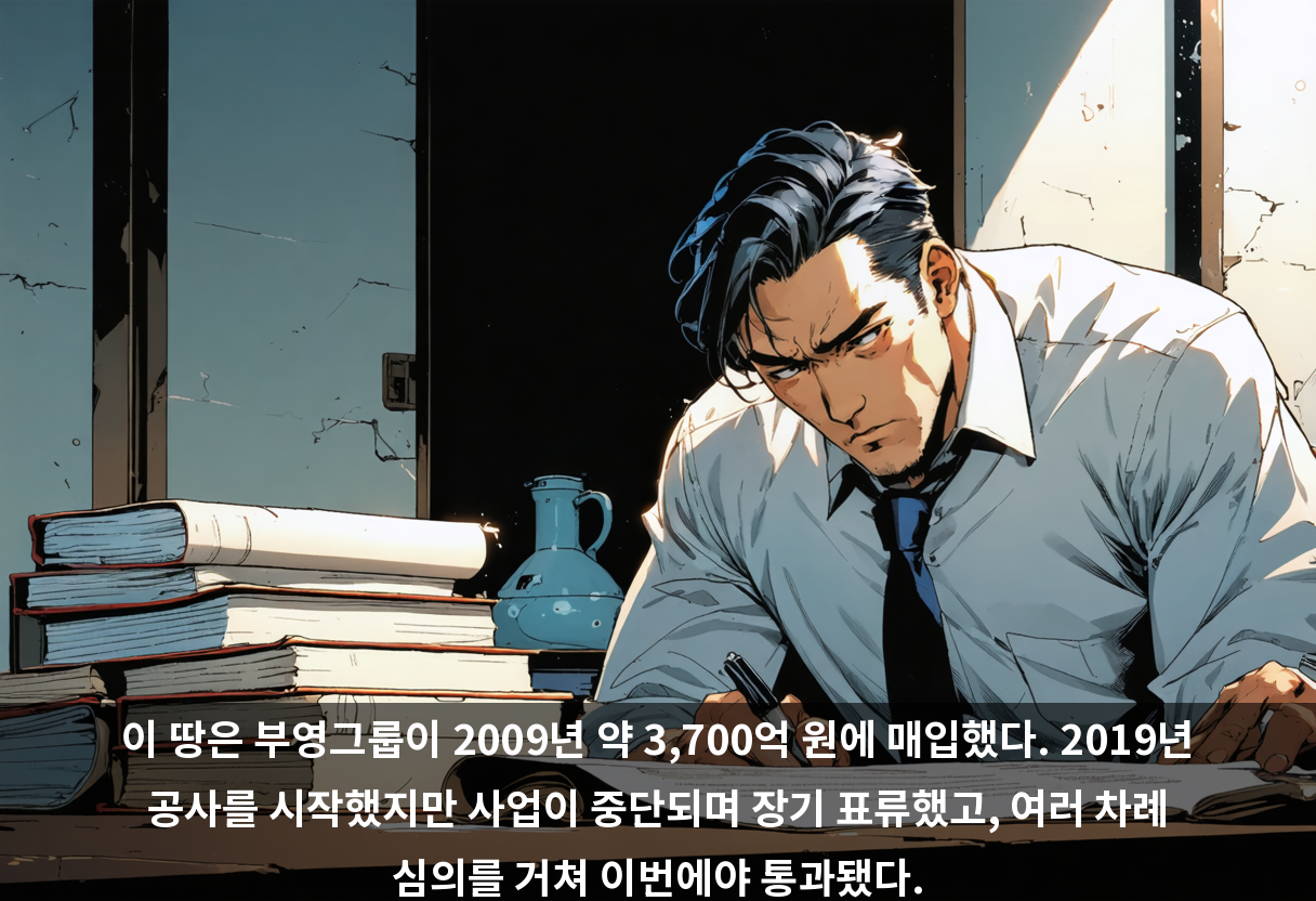 이 땅은 부영그룹이 2009년 약 3,700억 원에 매입했다. 2019년 공사를 시작했지만 사업이 중단되며 장기 표류했고, 여러 차례 심의를 거쳐 이번에야 통과됐다.