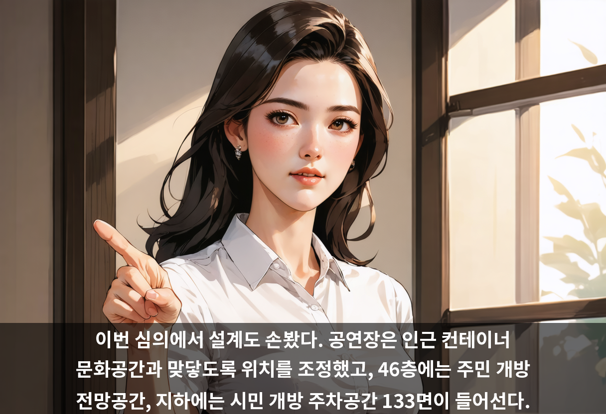 이번 심의에서 설계도 손봤다. 공연장은 인근 컨테이너 문화공간과 맞닿도록 위치를 조정했고, 46층에는 주민 개방 전망공간, 지하에는 시민 개방 주차공간 133면이 들어선다.