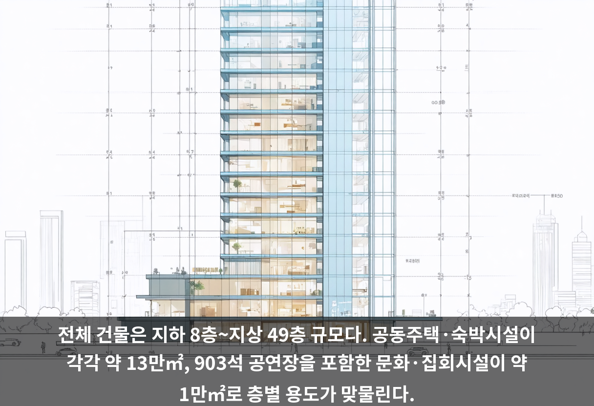 전체 건물은 지하 8층~지상 49층 규모다. 공동주택·숙박시설이 각각 약 13만㎡, 903석 공연장을 포함한 문화·집회시설이 약 1만㎡로 층별 용도가 맞물린다.