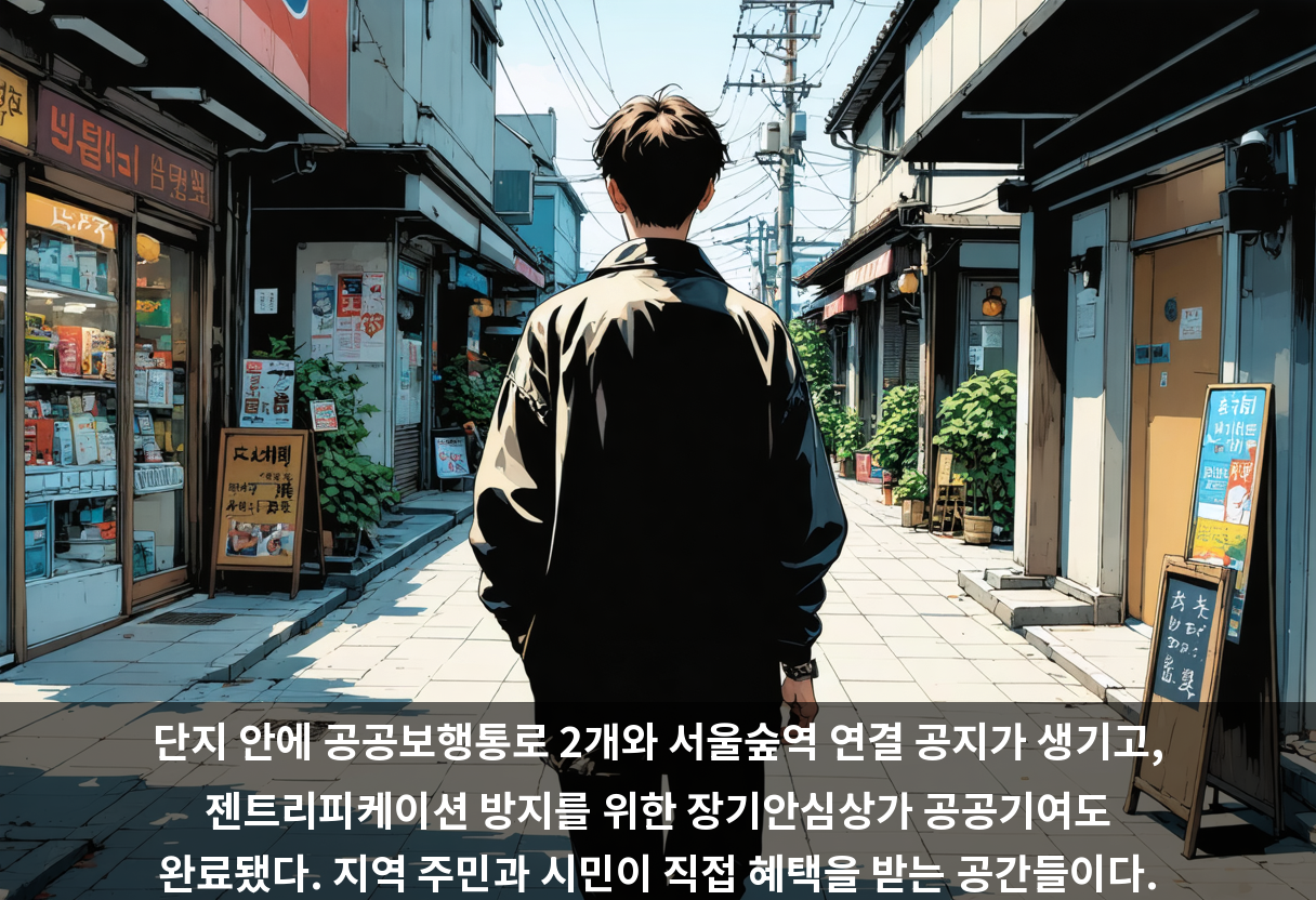 단지 안에 공공보행통로 2개와 서울숲역 연결 공지가 생기고, 젠트리피케이션 방지를 위한 장기안심상가 공공기여도 완료됐다. 지역 주민과 시민이 직접 혜택을 받는 공간들이다.