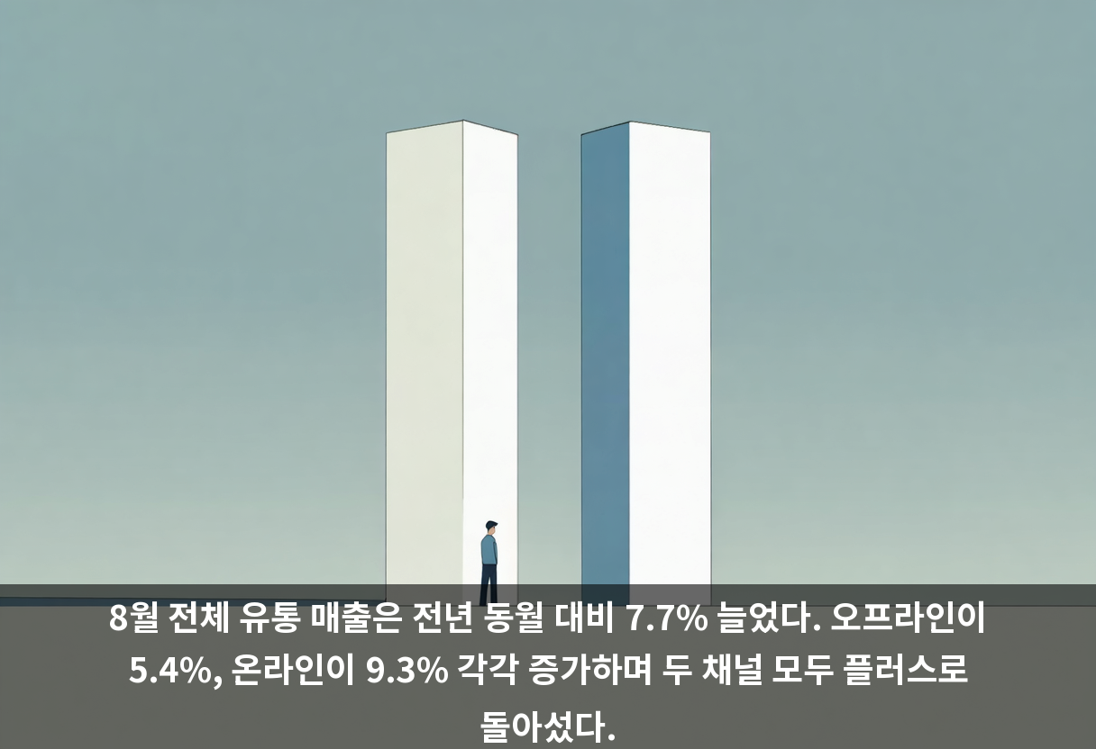 8월 전체 유통 매출은 전년 동월 대비 7.7% 늘었다. 오프라인이 5.4%, 온라인이 9.3% 각각 증가하며 두 채널 모두 플러스로 돌아섰다.