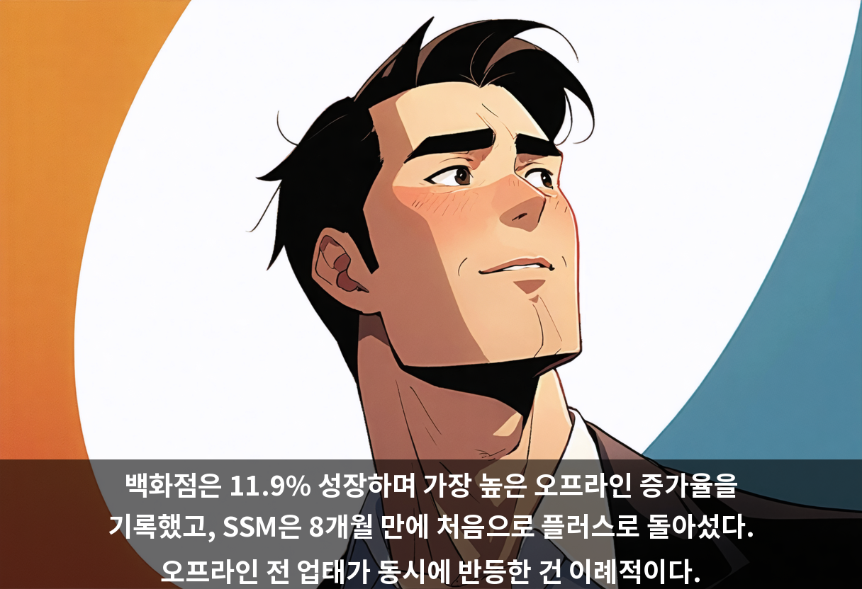 백화점은 11.9% 성장하며 가장 높은 오프라인 증가율을 기록했고, SSM은 8개월 만에 처음으로 플러스로 돌아섰다. 오프라인 전 업태가 동시에 반등한 건 이례적이다.