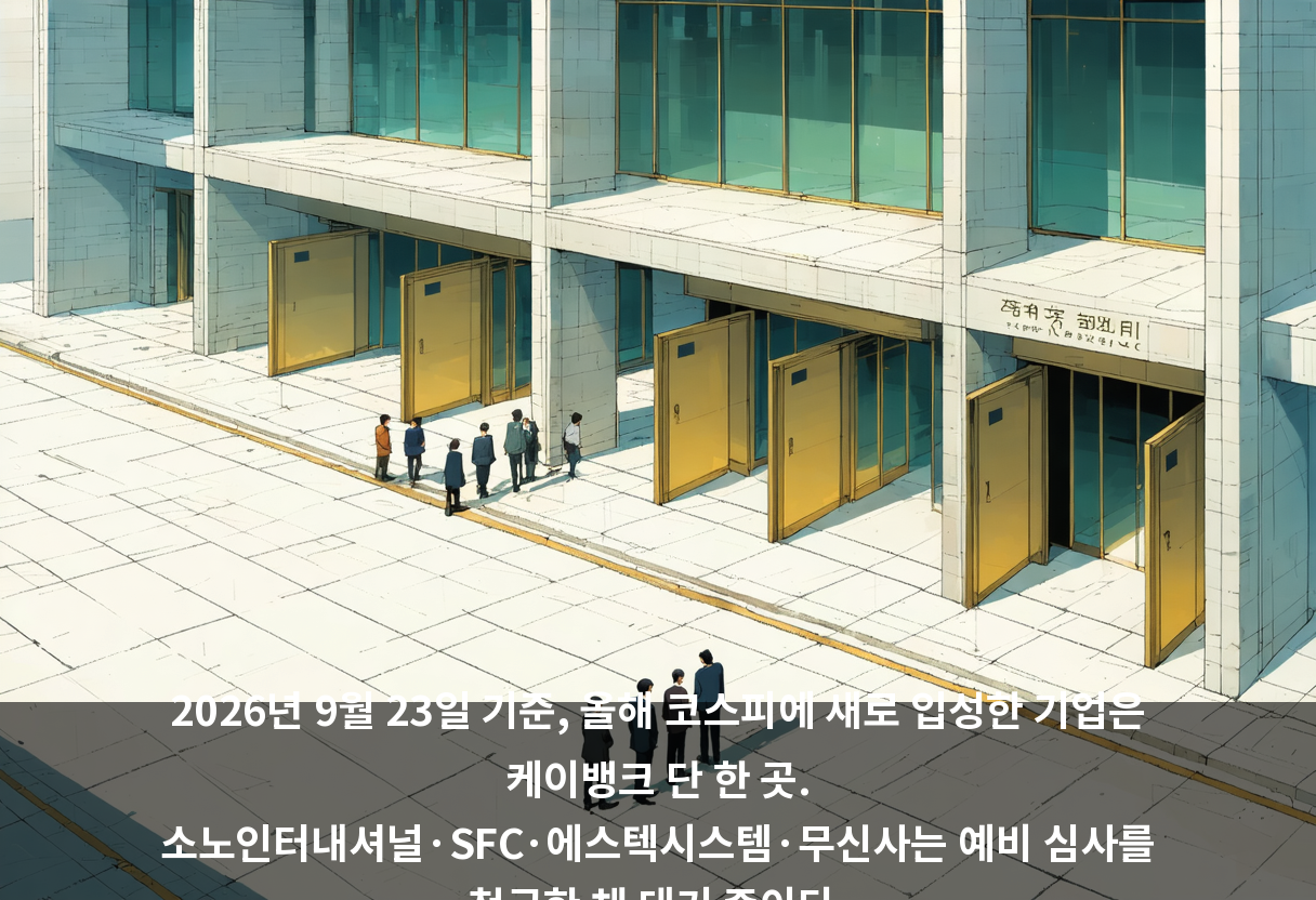 2026년 9월 23일 기준, 올해 코스피에 새로 입성한 기업은 케이뱅크 단 한 곳. 소노인터내셔널·SFC·에스텍시스템·무신사는 예비 심사를 청구한 채 대기 중이다.