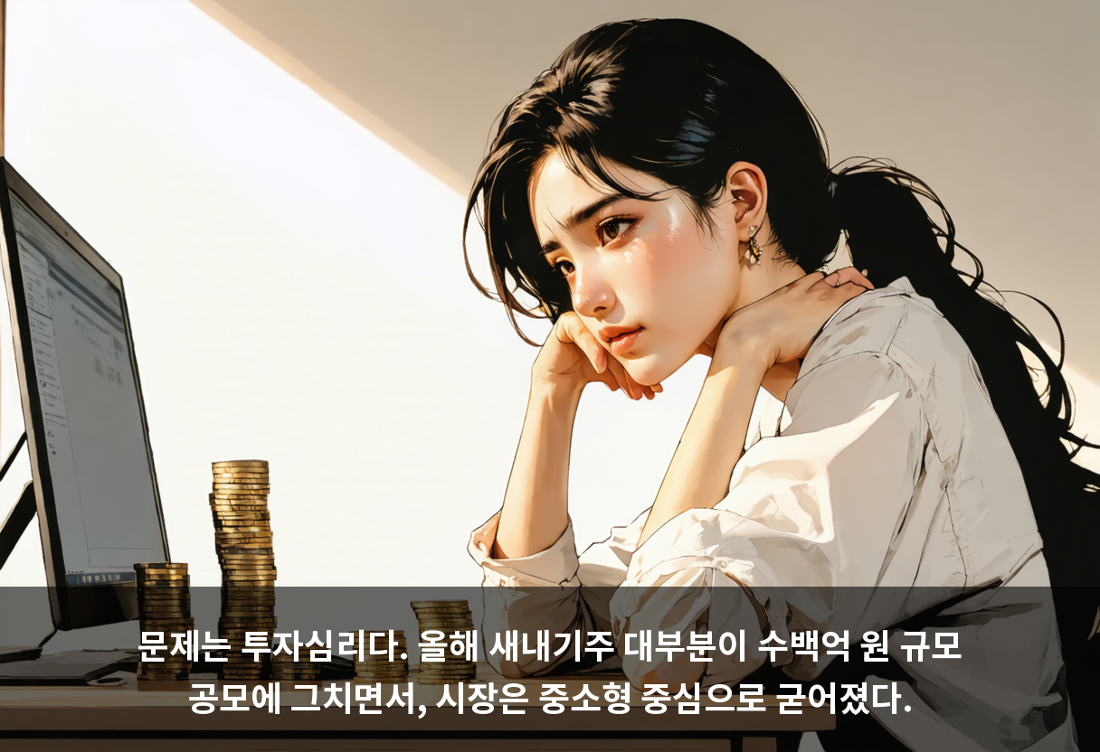 문제는 투자심리다. 올해 새내기주 대부분이 수백억 원 규모 공모에 그치면서, 시장은 중소형 중심으로 굳어졌다.