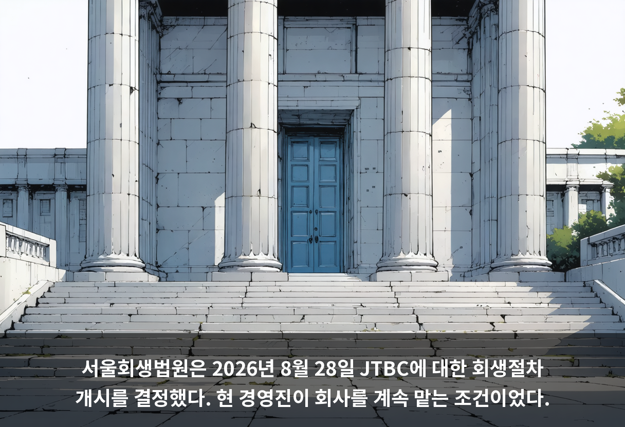 서울회생법원은 2026년 8월 28일 JTBC에 대한 회생절차 개시를 결정했다. 현 경영진이 회사를 계속 맡는 조건이었다.