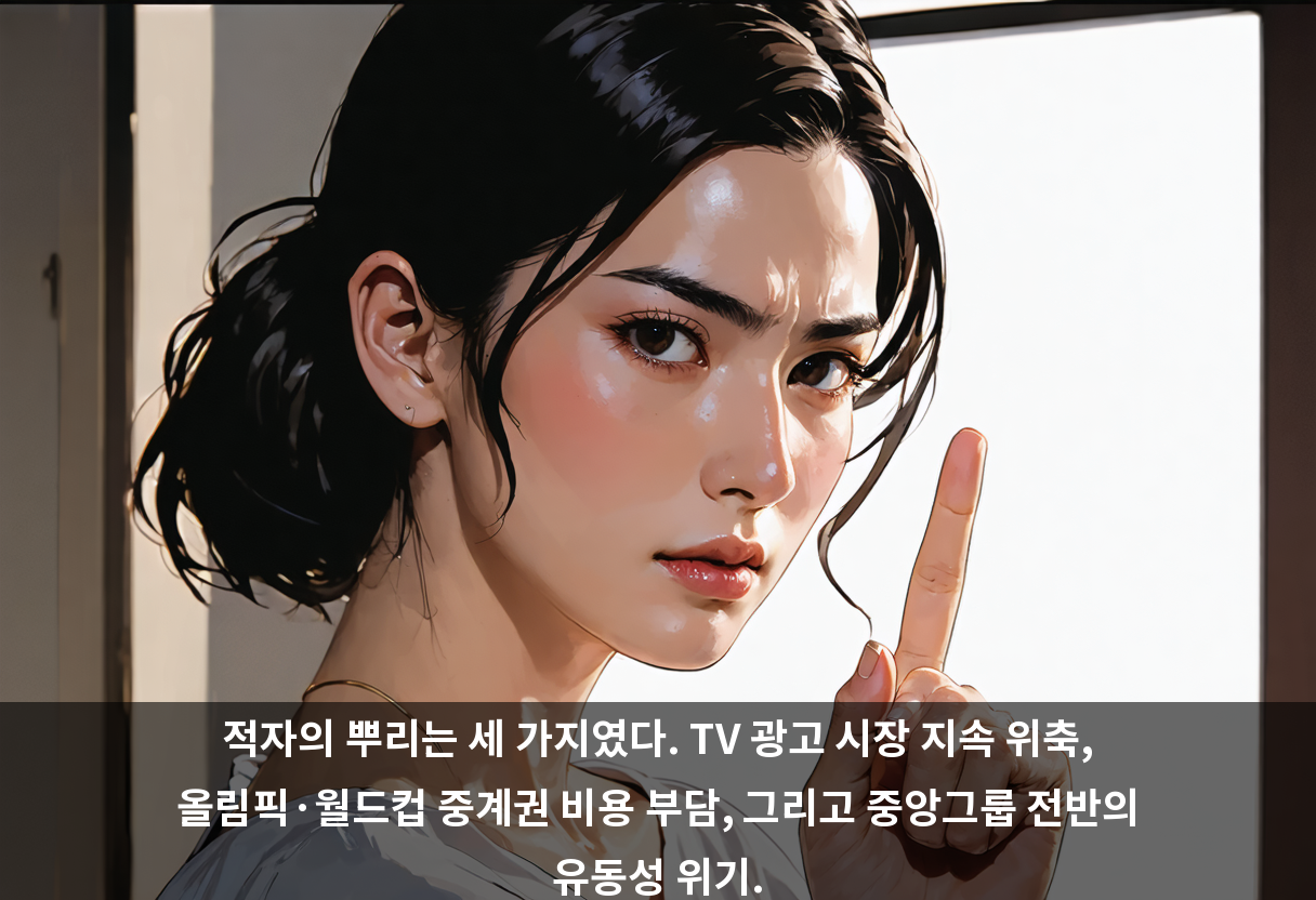 적자의 뿌리는 세 가지였다. TV 광고 시장 지속 위축, 올림픽·월드컵 중계권 비용 부담, 그리고 중앙그룹 전반의 유동성 위기.