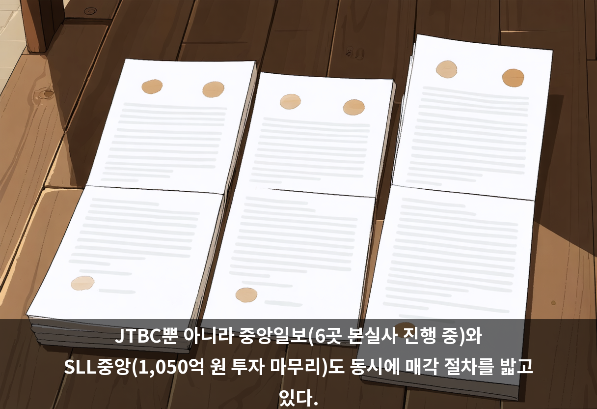 JTBC뿐 아니라 중앙일보(6곳 본실사 진행 중)와 SLL중앙(1,050억 원 투자 마무리)도 동시에 매각 절차를 밟고 있다.