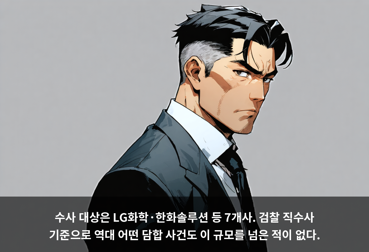 수사 대상은 LG화학·한화솔루션 등 7개사. 검찰 직수사 기준으로 역대 어떤 담합 사건도 이 규모를 넘은 적이 없다.