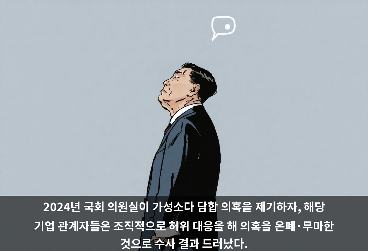 2024년 국회 의원실이 가성소다 담합 의혹을 제기하자, 해당 기업 관계자들은 조직적으로 허위 대응을 해 의혹을 은폐·무마한 것으로 수사 결과 드러났다.