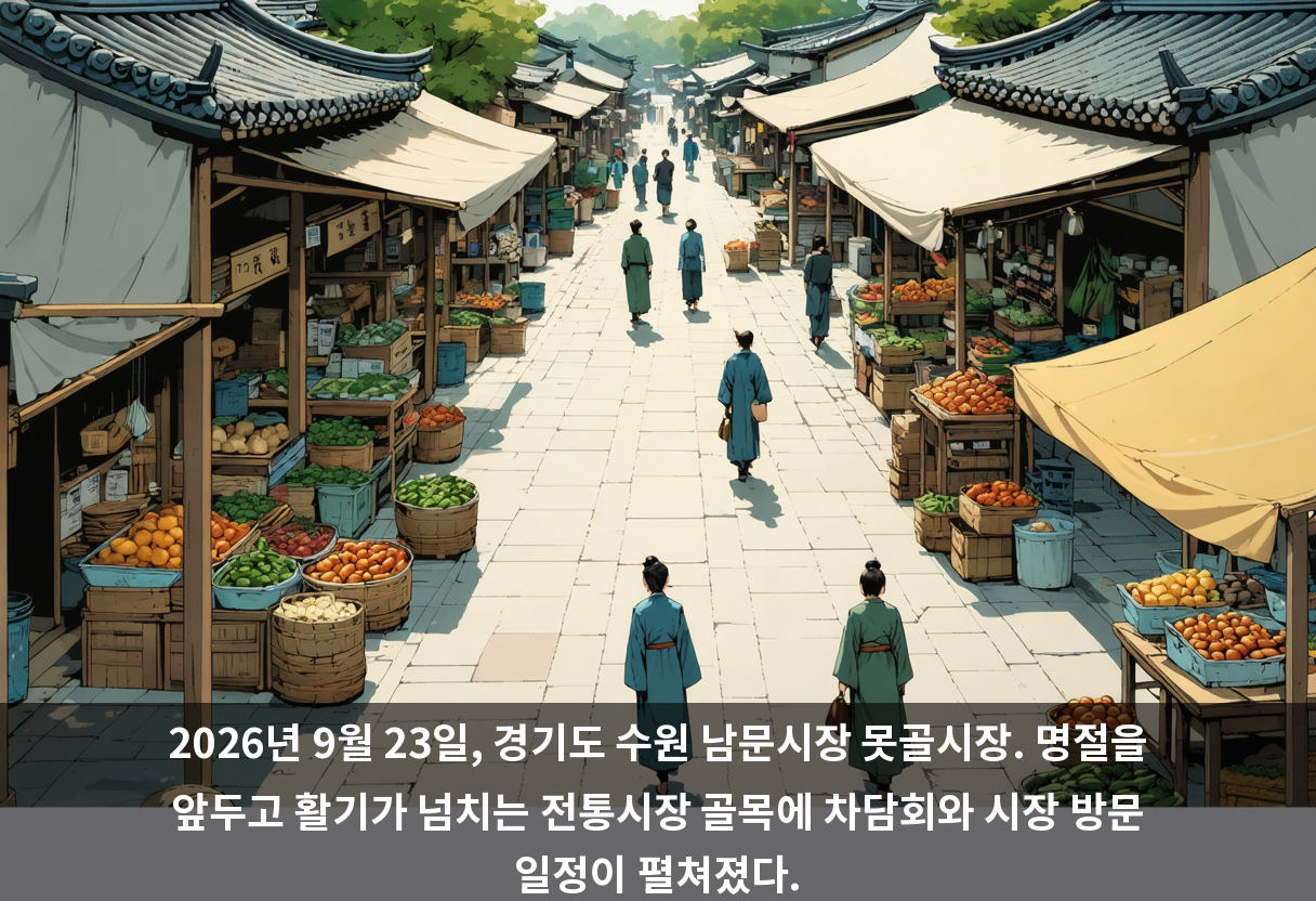 2026년 9월 23일, 경기도 수원 남문시장 못골시장. 명절을 앞두고 활기가 넘치는 전통시장 골목에 차담회와 시장 방문 일정이 펼쳐졌다.