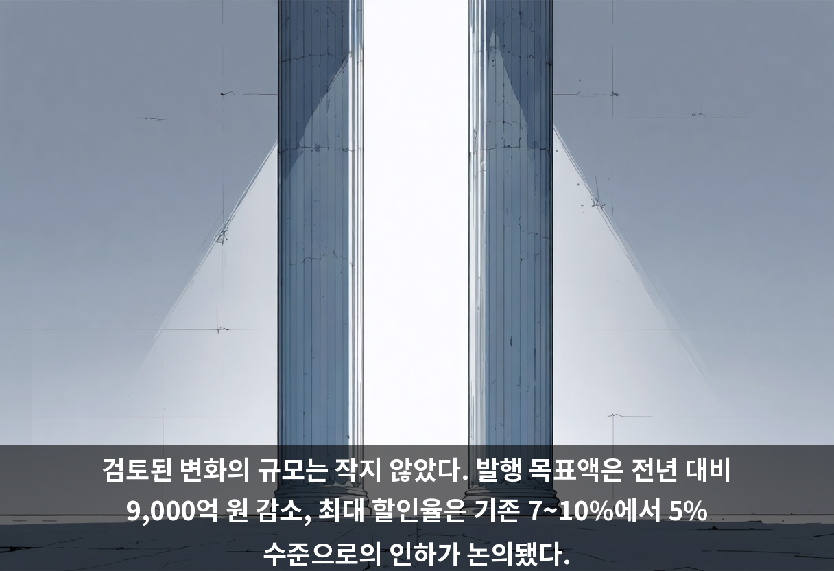 검토된 변화의 규모는 작지 않았다. 발행 목표액은 전년 대비 9,000억 원 감소, 최대 할인율은 기존 7~10%에서 5% 수준으로의 인하가 논의됐다.