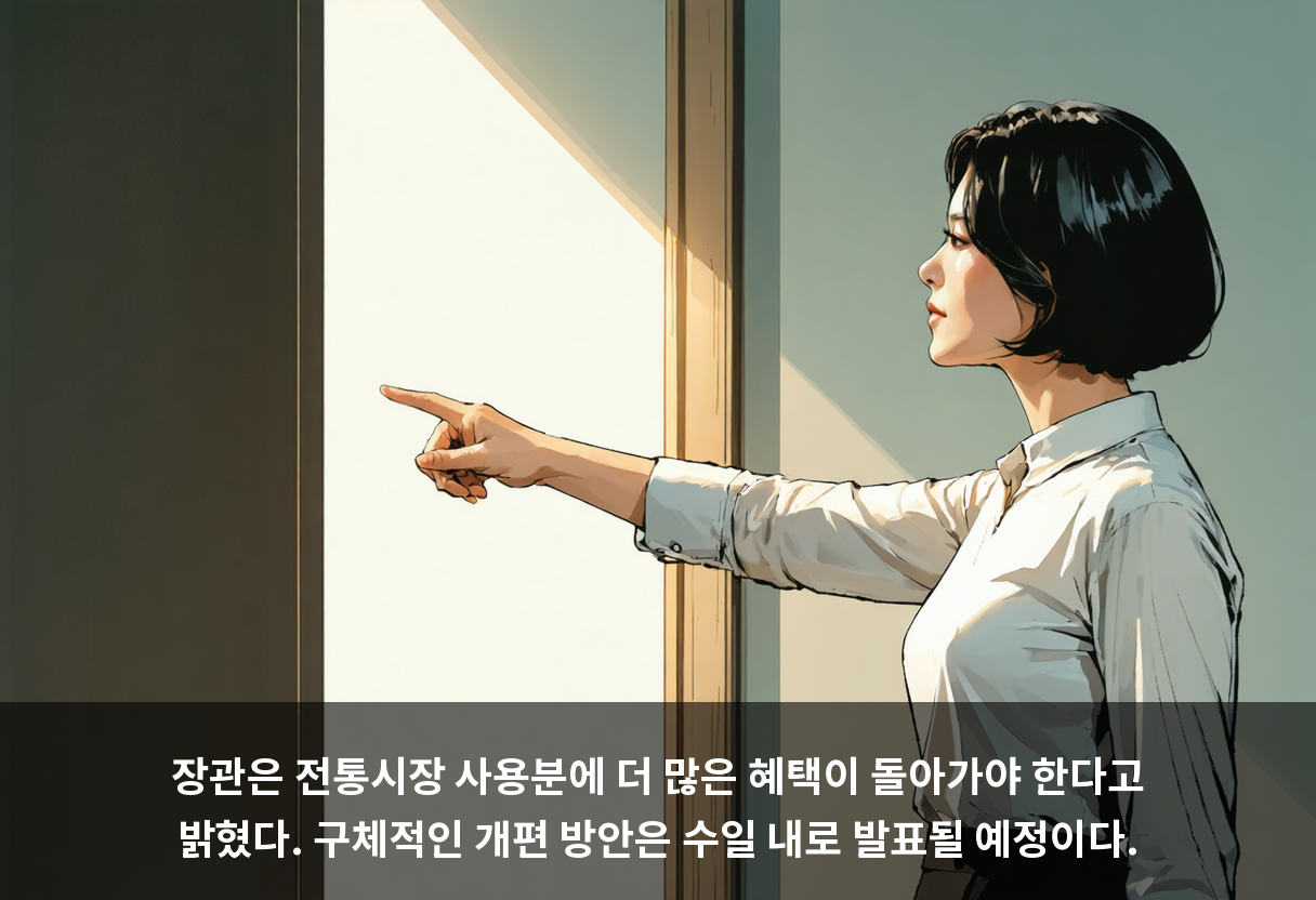 장관은 전통시장 사용분에 더 많은 혜택이 돌아가야 한다고 밝혔다. 구체적인 개편 방안은 수일 내로 발표될 예정이다.