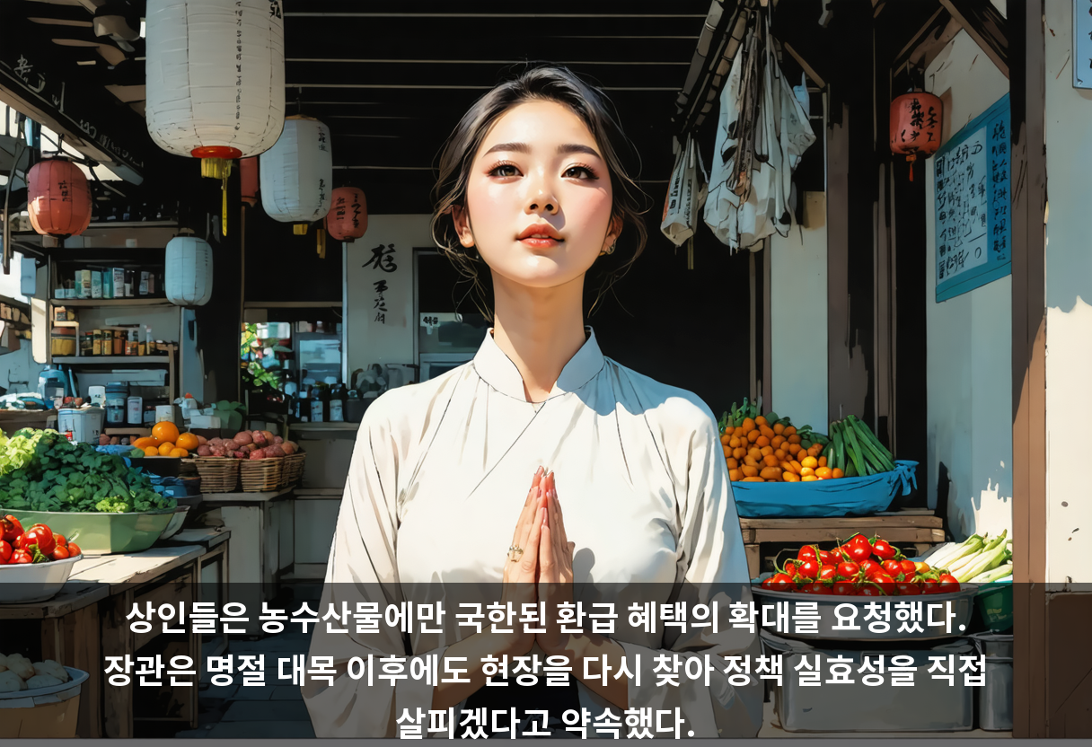 상인들은 농수산물에만 국한된 환급 혜택의 확대를 요청했다. 장관은 명절 대목 이후에도 현장을 다시 찾아 정책 실효성을 직접 살피겠다고 약속했다.