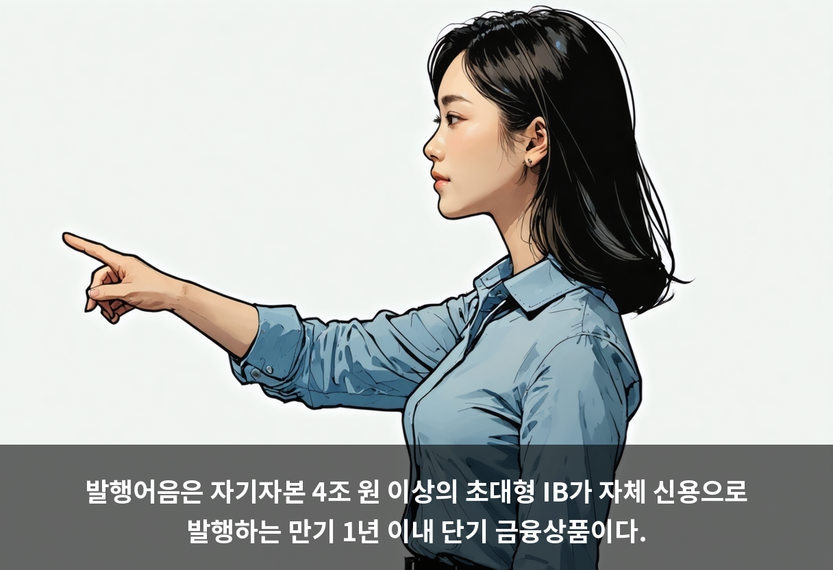 발행어음은 자기자본 4조 원 이상의 초대형 IB가 자체 신용으로 발행하는 만기 1년 이내 단기 금융상품이다.