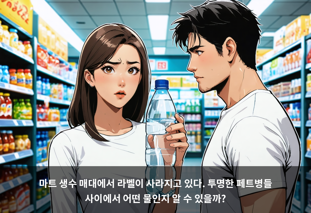 마트 생수 매대에서 라벨이 사라지고 있다. 투명한 페트병들 사이에서 어떤 물인지 알 수 있을까?