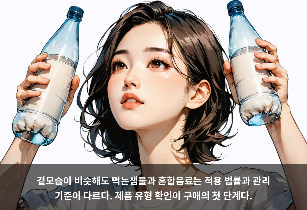 겉모습이 비슷해도 먹는샘물과 혼합음료는 적용 법률과 관리 기준이 다르다. 제품 유형 확인이 구매의 첫 단계다.