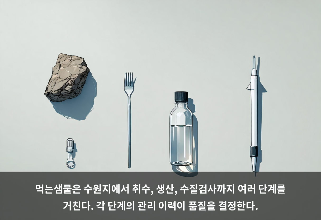 먹는샘물은 수원지에서 취수, 생산, 수질검사까지 여러 단계를 거친다. 각 단계의 관리 이력이 품질을 결정한다.
