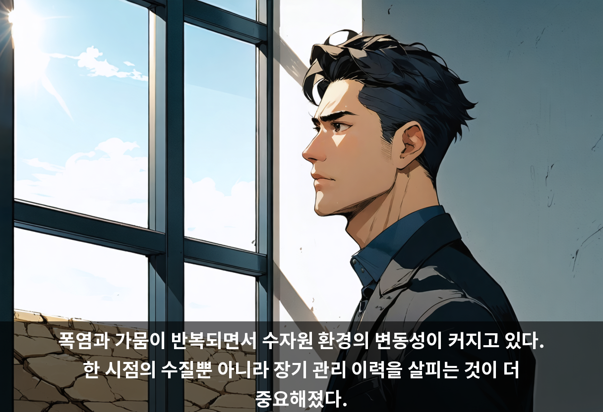 폭염과 가뭄이 반복되면서 수자원 환경의 변동성이 커지고 있다. 한 시점의 수질뿐 아니라 장기 관리 이력을 살피는 것이 더 중요해졌다.