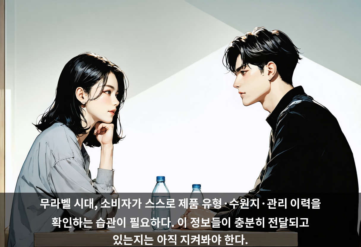 무라벨 시대, 소비자가 스스로 제품 유형·수원지·관리 이력을 확인하는 습관이 필요하다. 이 정보들이 충분히 전달되고 있는지는 아직 지켜봐야 한다.