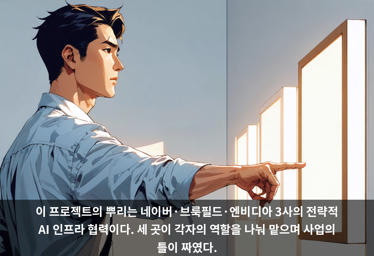 이 프로젝트의 뿌리는 네이버·브룩필드·엔비디아 3사의 전략적 AI 인프라 협력이다. 세 곳이 각자의 역할을 나눠 맡으며 사업의 틀이 짜였다.