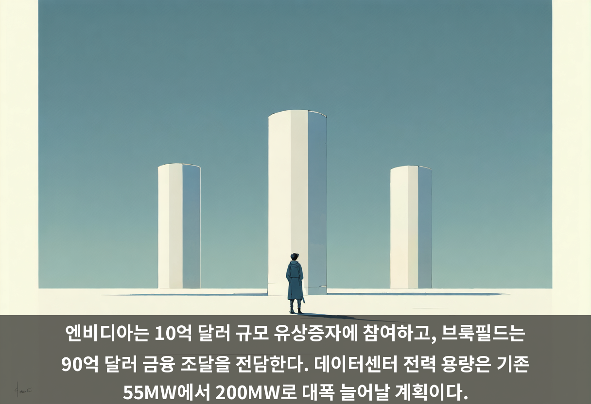 엔비디아는 10억 달러 규모 유상증자에 참여하고, 브룩필드는 90억 달러 금융 조달을 전담한다. 데이터센터 전력 용량은 기존 55MW에서 200MW로 대폭 늘어날 계획이다.
