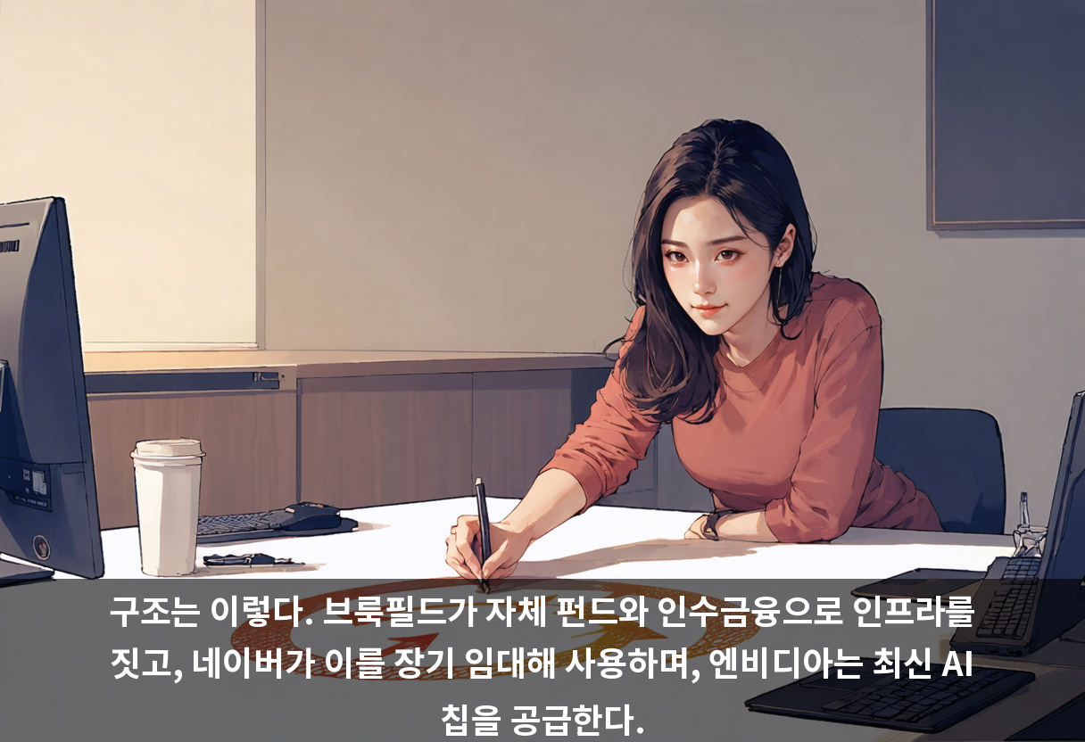 구조는 이렇다. 브룩필드가 자체 펀드와 인수금융으로 인프라를 짓고, 네이버가 이를 장기 임대해 사용하며, 엔비디아는 최신 AI 칩을 공급한다.