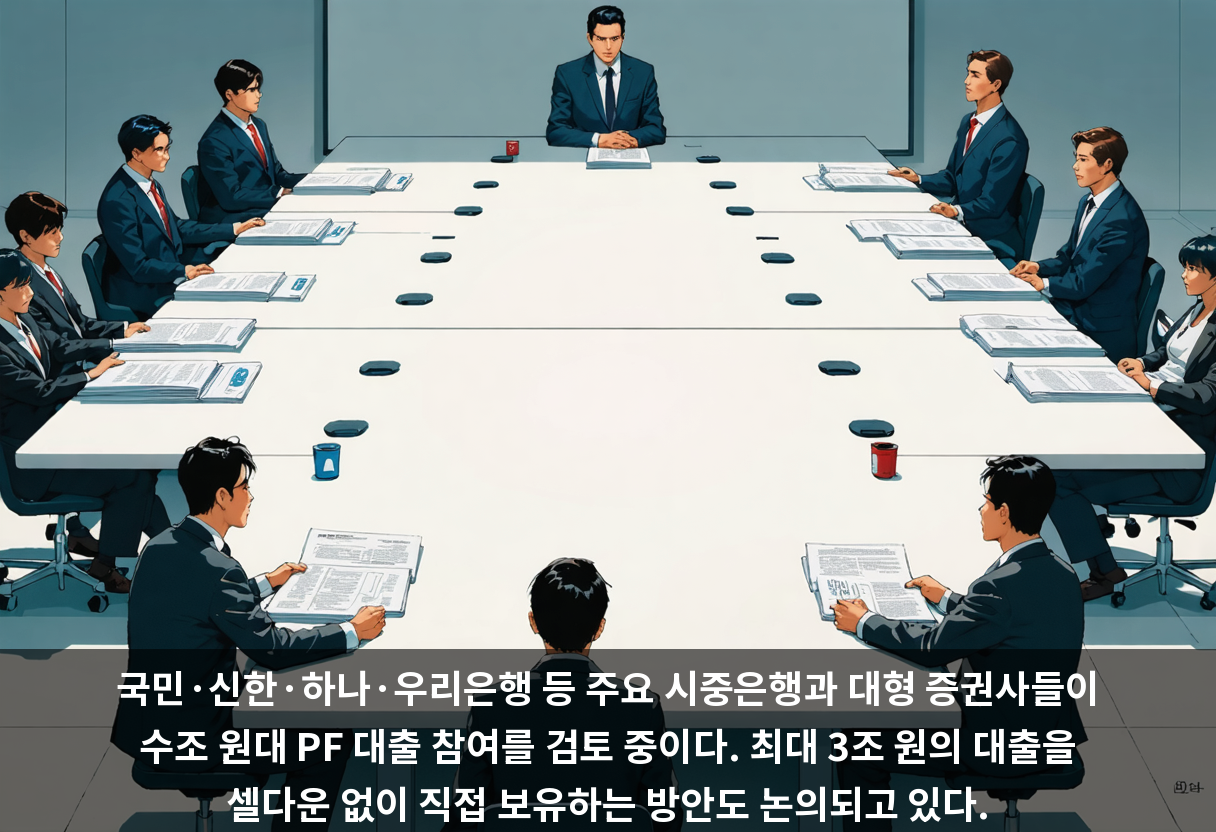 국민·신한·하나·우리은행 등 주요 시중은행과 대형 증권사들이 수조 원대 PF 대출 참여를 검토 중이다. 최대 3조 원의 대출을 셀다운 없이 직접 보유하는 방안도 논의되고 있다.