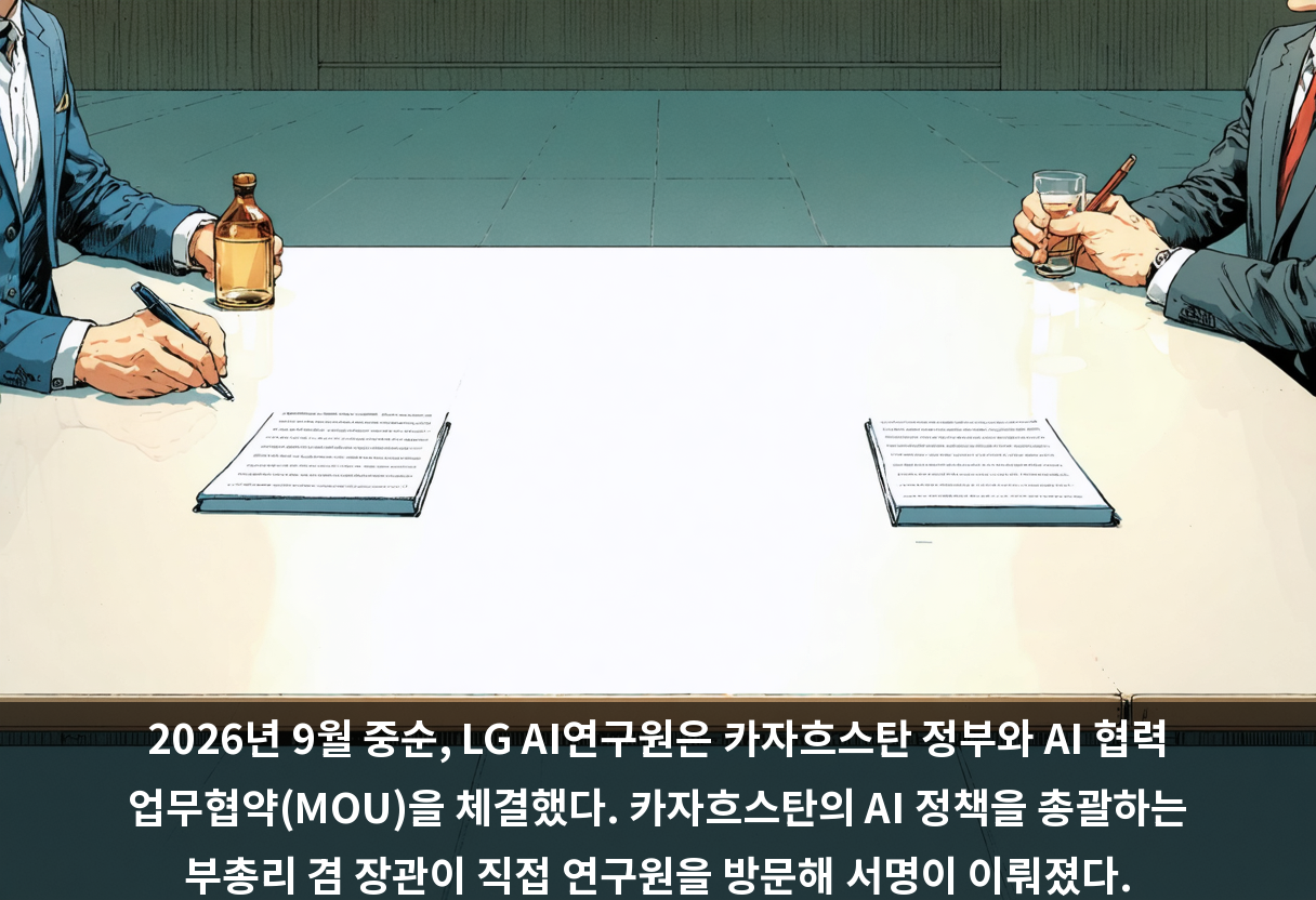 2026년 9월 중순, LG AI연구원은 카자흐스탄 정부와 AI 협력 업무협약(MOU)을 체결했다. 카자흐스탄의 AI 정책을 총괄하는 부총리 겸 장관이 직접 연구원을 방문해 서명이 이뤄졌다.