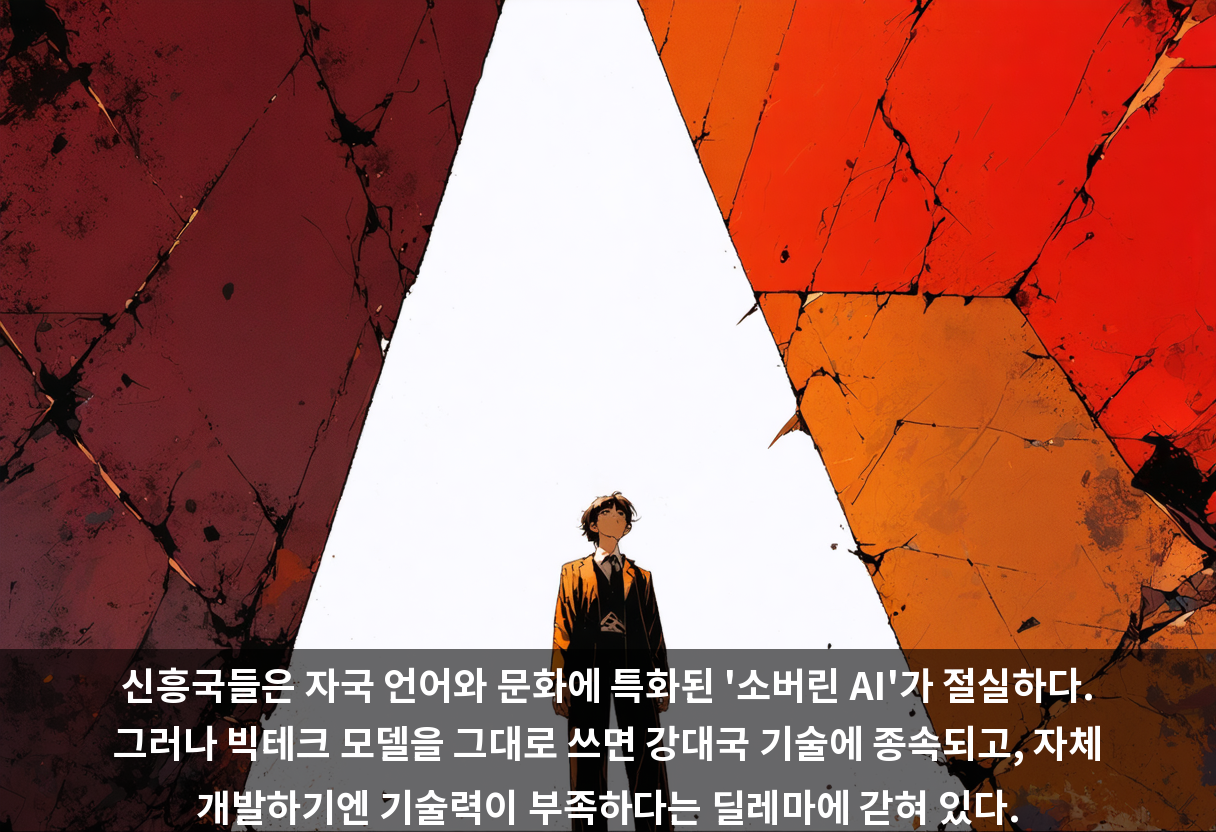 신흥국들은 자국 언어와 문화에 특화된 '소버린 AI'가 절실하다. 그러나 빅테크 모델을 그대로 쓰면 강대국 기술에 종속되고, 자체 개발하기엔 기술력이 부족하다는 딜레마에 갇혀 있다.