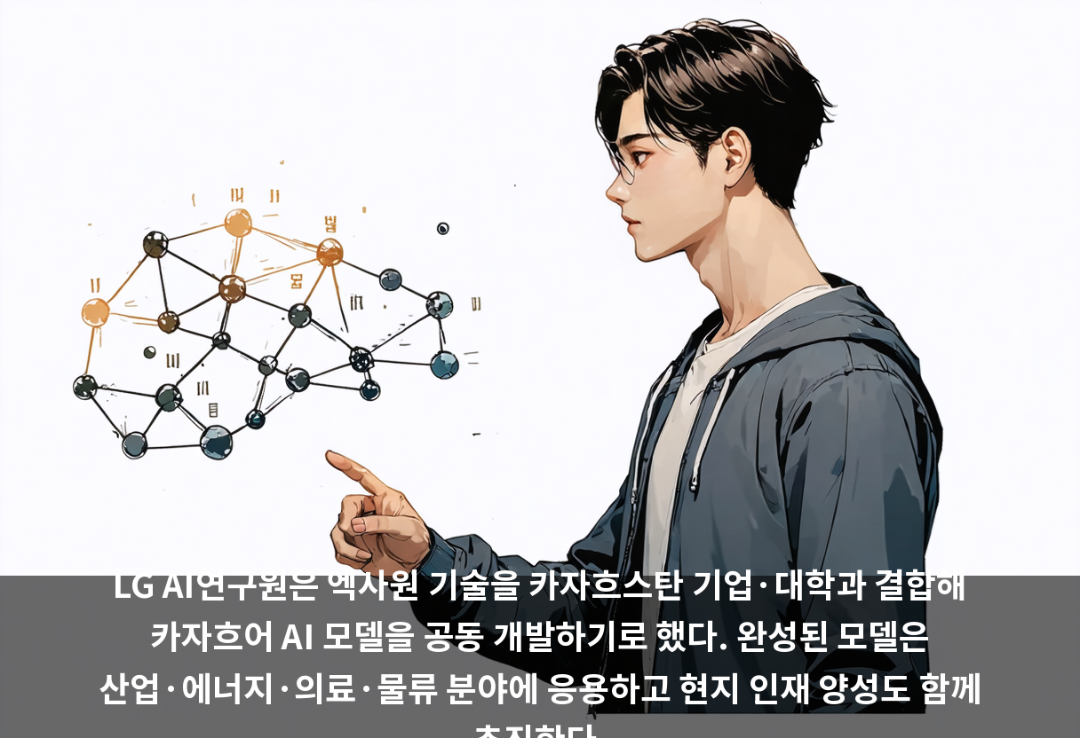 LG AI연구원은 엑사원 기술을 카자흐스탄 기업·대학과 결합해 카자흐어 AI 모델을 공동 개발하기로 했다. 완성된 모델은 산업·에너지·의료·물류 분야에 응용하고 현지 인재 양성도 함께 추진한다.