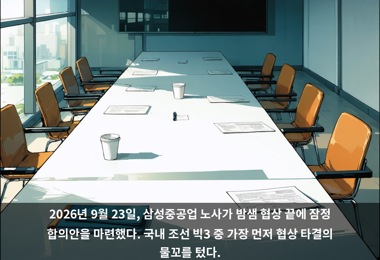 2026년 9월 23일, 삼성중공업 노사가 밤샘 협상 끝에 잠정 합의안을 마련했다. 국내 조선 빅3 중 가장 먼저 협상 타결의 물꼬를 텄다.