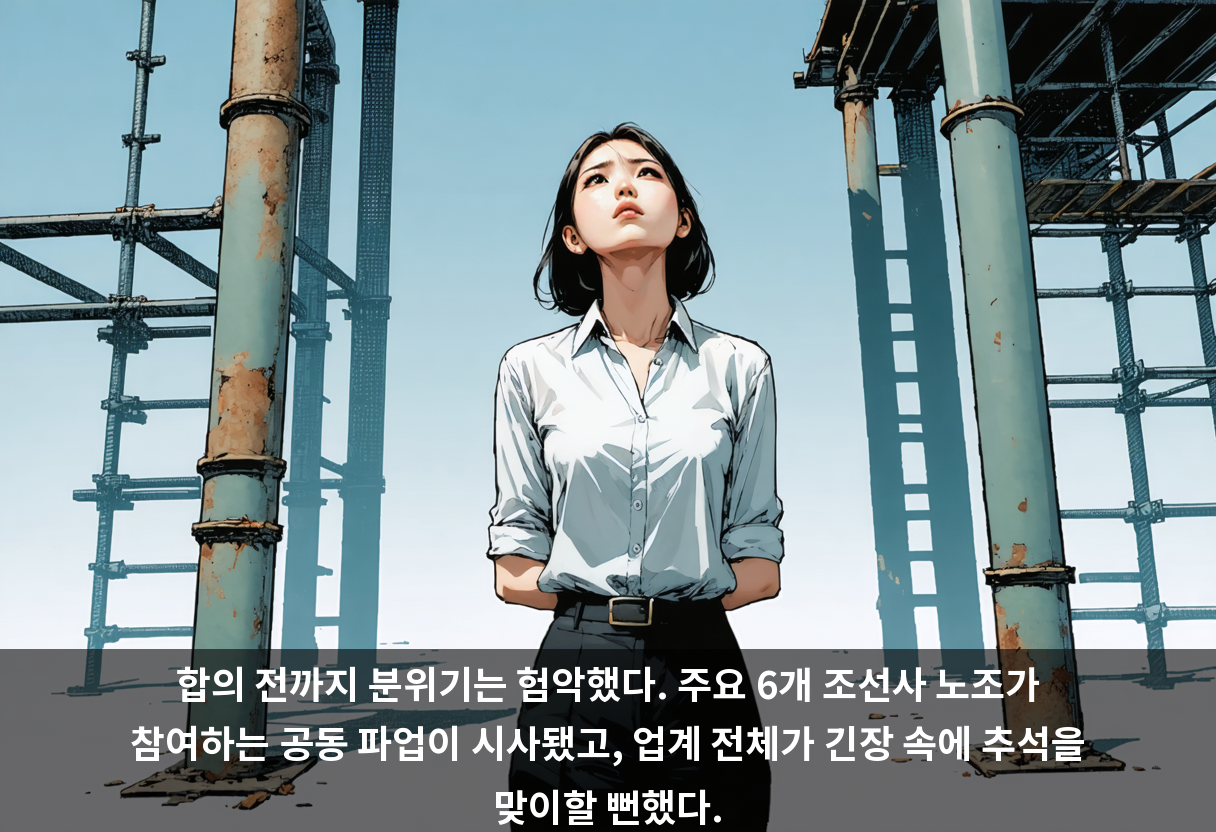 합의 전까지 분위기는 험악했다. 주요 6개 조선사 노조가 참여하는 공동 파업이 시사됐고, 업계 전체가 긴장 속에 추석을 맞이할 뻔했다.